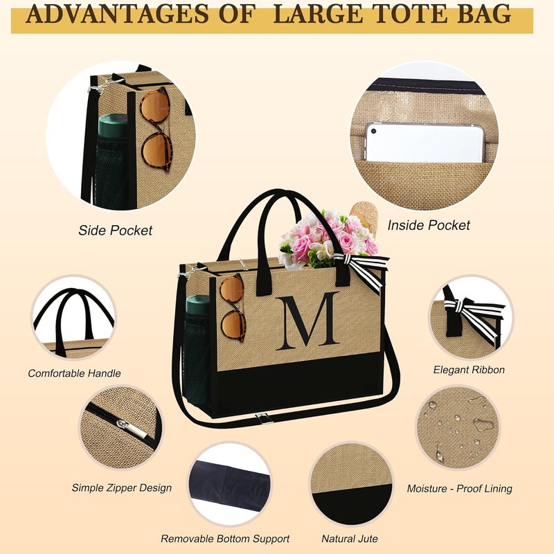 YOOLIFE Gifts for Women - Initial Jute Tote Bag & 2 Makeup Bag, Valentine Day Gifts for Her Women Teacher Wife Mom Friend - Image 5